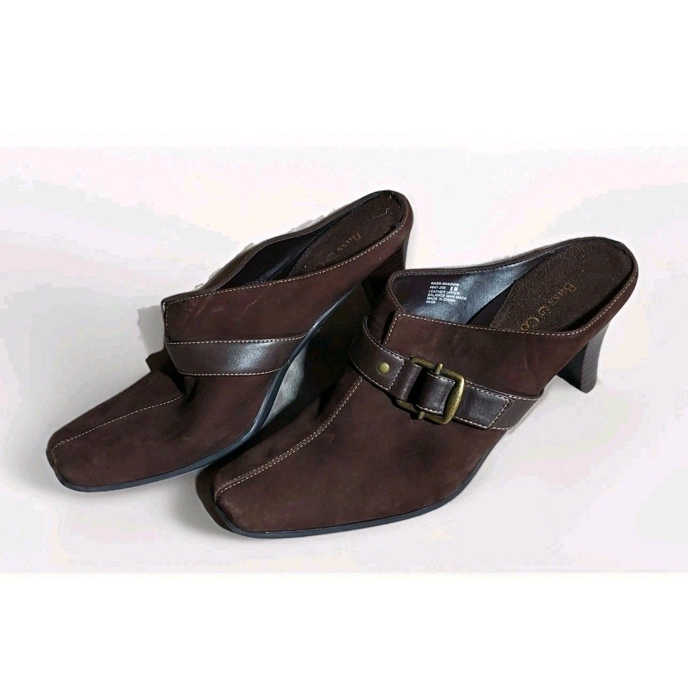 Womens Brown Leather Mule Clogs Slip On Buckle Square Toe Heels 8M Y2K Shoes